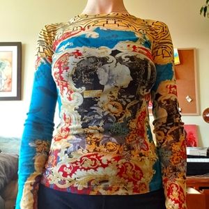 Mesh Gaultier-style Save The Queen printed long sleeve top